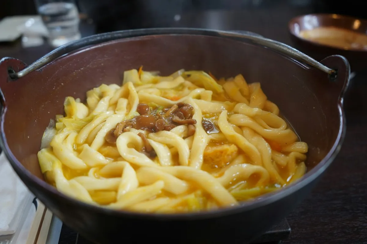 A bowl of hot Japanese udon noodles